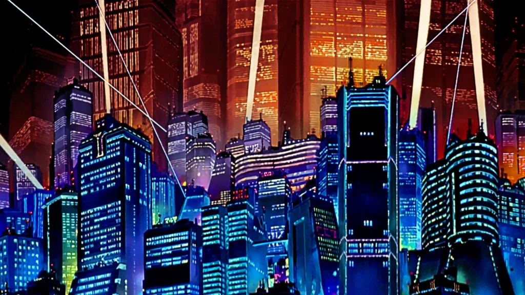 Screenshot from neo Tokyo film, blue buildings in the foreground offset by orange buildings in the background
