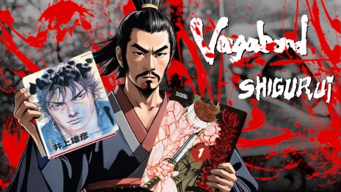 A visually engaging graphic with the headline 'If You Like Vagabond, Try Shigurui manga,' encouraging fans of the intense and historical manga 'Vagabond' to explore the similarly gripping and dramatic series 'Shigurui.' The image likely features artwork or thematic elements from both series, emphasizing their shared tone of samurai-era conflict and psychological depth.