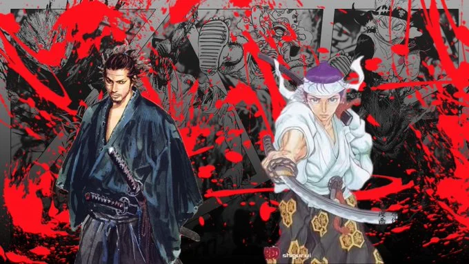 Main characters of the Shigurui manga cover and vagabond manga