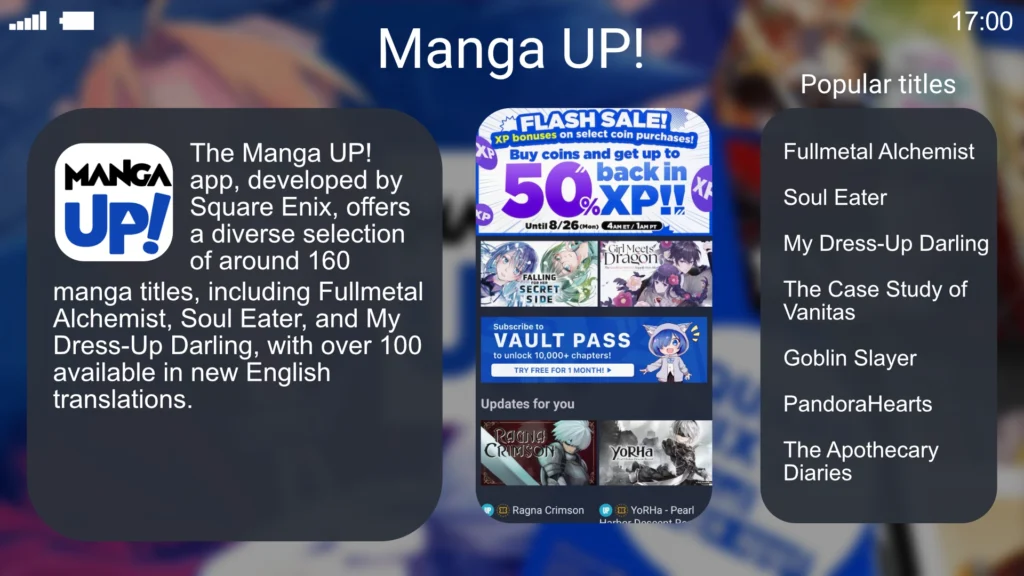 Graphic showcasing the Manga UP! app by Square Enix, offering a diverse selection of manga titles, including Fullmetal Alchemist, Soul Eater, and My Dress-Up Darling. The app uses a points-based system for reading chapters, with some free content available. A Vault Pass subscription, priced at $5.00/month, unlocks over 10,000 chapters, including simulpub releases from Japan.