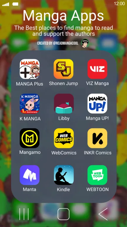 A collection of popular manga reading apps displayed together, including Manga Plus, Shonen Jump, Viz Manga, K Manga, Libby, Manga UP!, Mangamo, WebComics, INKR, Manta, Kindle, Webtoon, and Crunchyroll Manga.
