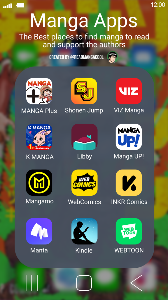 A collection of popular manga reading apps displayed together, including Manga Plus, Shonen Jump, Viz Manga, K Manga, Libby, Manga UP!, Mangamo, WebComics, INKR, Manta, Kindle, Webtoon, and Crunchyroll Manga.