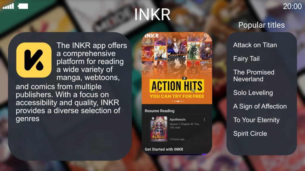 Graphic showcasing the INKR app, a versatile platform for reading manga, webtoons, manhua, and comics across different genres. The app offers a freemium model with an INKR Extra subscription for $4.99/month, unlocking ad-free access to premium titles. INKR also features a coins system for purchasing additional chapters, supporting creators through a revenue-sharing model. Popular titles include Tokyo Revengers and Air Gear.