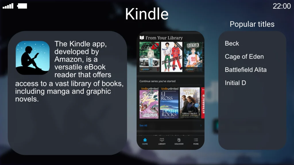 Graphic featuring the Kindle app, known for eBooks and offering a selection of manga titles. Amazon Prime members can access manga for free through Prime Reading, while Kindle Unlimited provides a broader range of manga options. Popular titles available include Beck, Cage of Eden, Battlefield Alita, and Initial D.