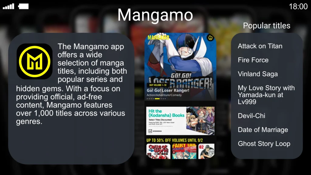 Graphic featuring the Mangamo app, which offers over 300 manga titles, including exclusive series like My Love Story with Yamada-kun at Lv999 and Nanase-san’s Crazy Love Obsession. The app operates on a subscription model priced at $4.99/month, providing unlimited access with no ads. Mangamo also includes a 'coins' system for purchasing individual chapters or volumes.