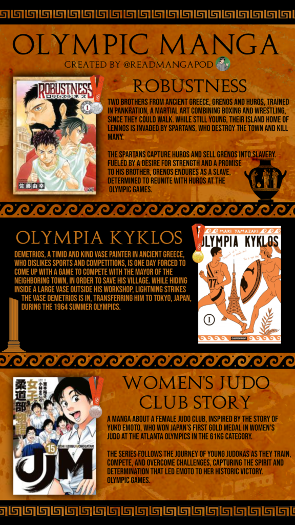 An illustration featuring olympic manga that incorporate the Olympics, highlighting athletes' journeys and the spirit of competition within the Games.