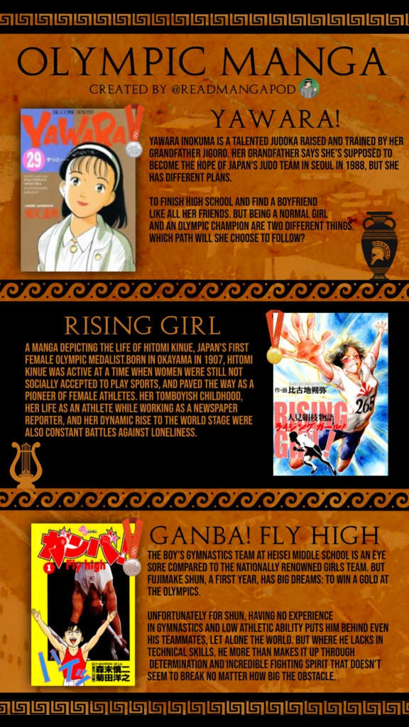 An illustration featuring Olympic manga that incorporate the Olympics, highlighting athletes' journeys and the spirit of competition within the Games.
