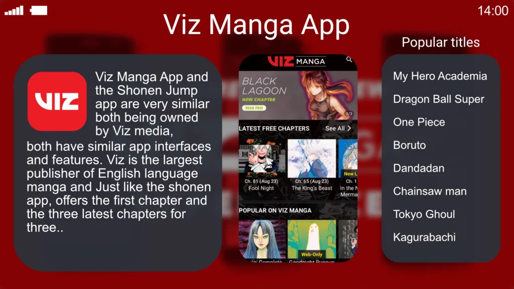 Graphic showcasing the Viz Manga app by Viz Media, which provides access to a broad range of manga, including titles like Komi Can't Communicate, Inuyasha, My Hero Academia, Chainsaw Man, and Tokyo Ghoul. The app offers the first chapter and the latest three chapters for free, with a $1.99/month subscription unlocking over 10,000 chapters, limited to 100 chapters per day and 100 downloads.