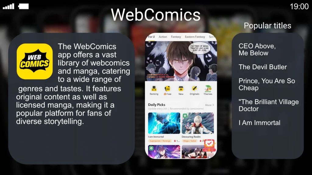 Graphic highlighting the WebComics app, which offers a vast collection of manga, webtoons, and comics across various genres. The app operates on a freemium model, with some chapters available for free and others requiring coins or gems to unlock. A subscription option removes ads and provides access to exclusive content. Popular titles include CEO Above, Me Below and The Devil Butler.