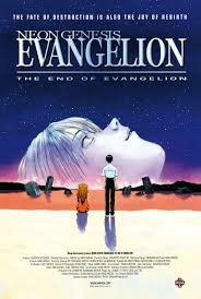 Cover art of The End of Evangelion movie featuring Shinji Ikari and Rei Ayanami against a post-apocalyptic landscape, symbolizing the alternate and darker conclusion to the original series. Key in the Neon Genesis watch order.
