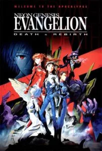 over art of Evangelion: Death(True)² featuring Shinji Ikari, Rei Ayanami, and Asuka Langley with overlapping scenes from the series, serving as a recap of the original storyline. Optional part of the Neon Genesis watch order.