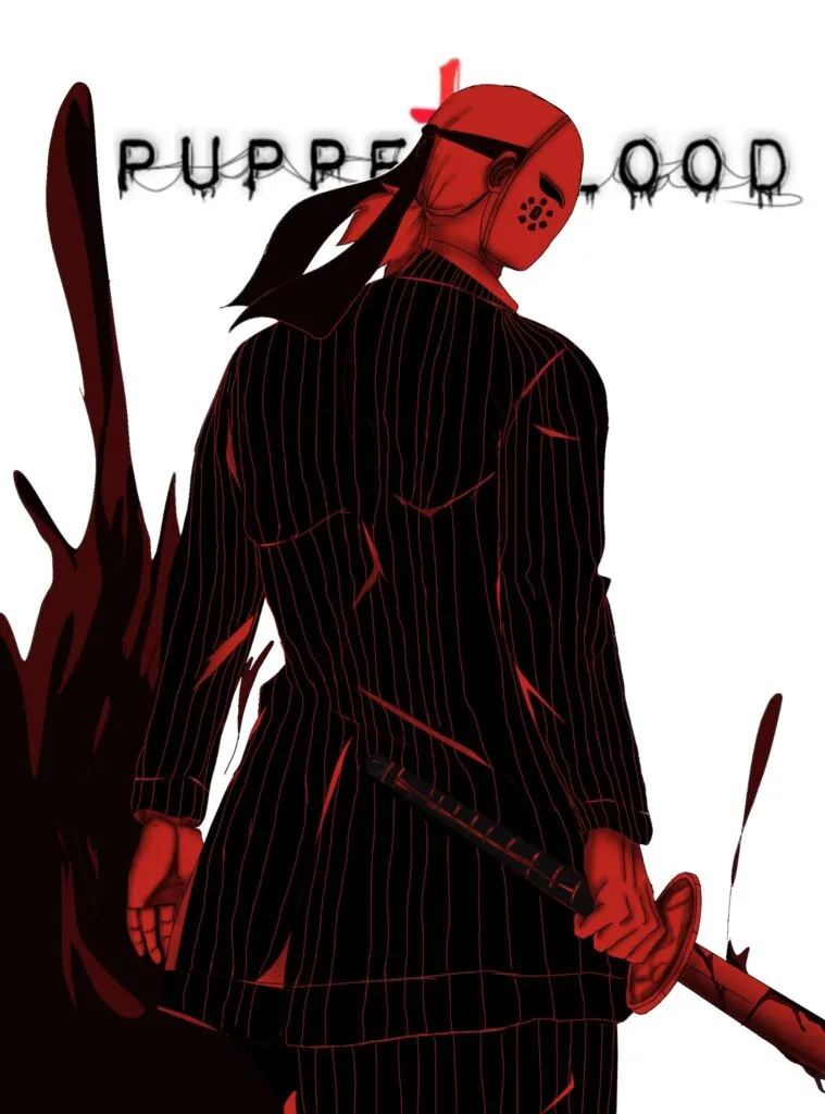 cover of chapter 8 of puppet blood a man wearing a mask facing away from the camera, in a pin stripped suit with a katana in his right hand pointed down