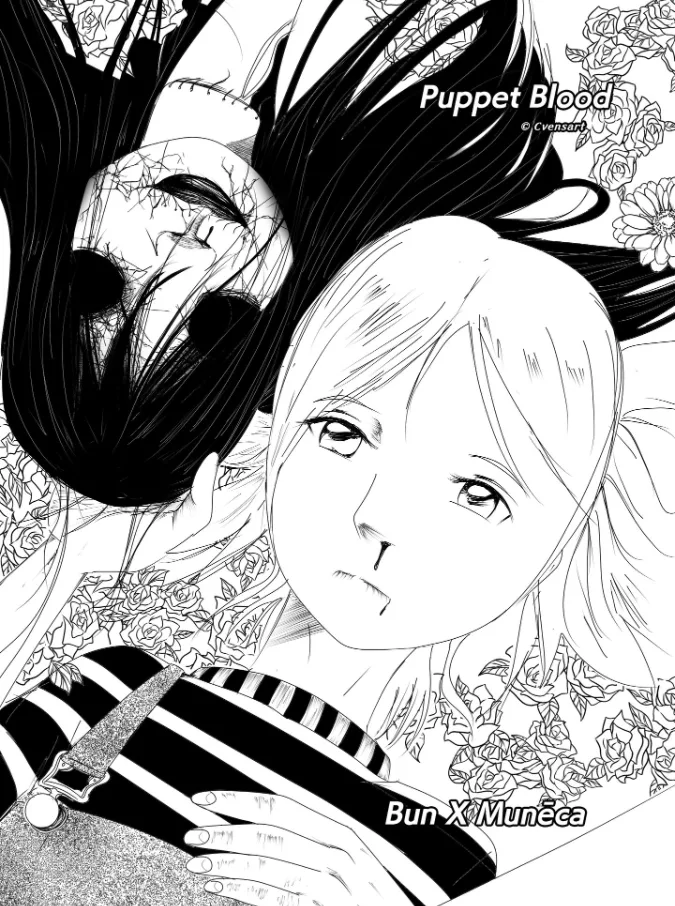 Manga panel of puppet blood with the witch doll and character