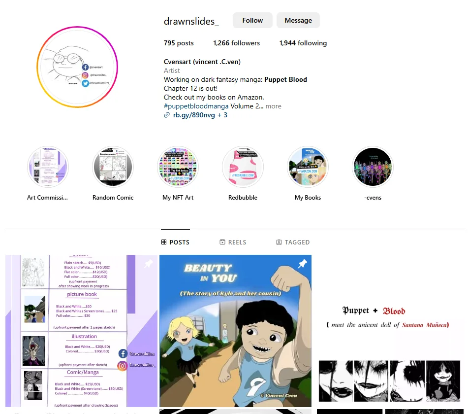 Screen shot of drawnslide_ instagrams account the creator of puppet blood.