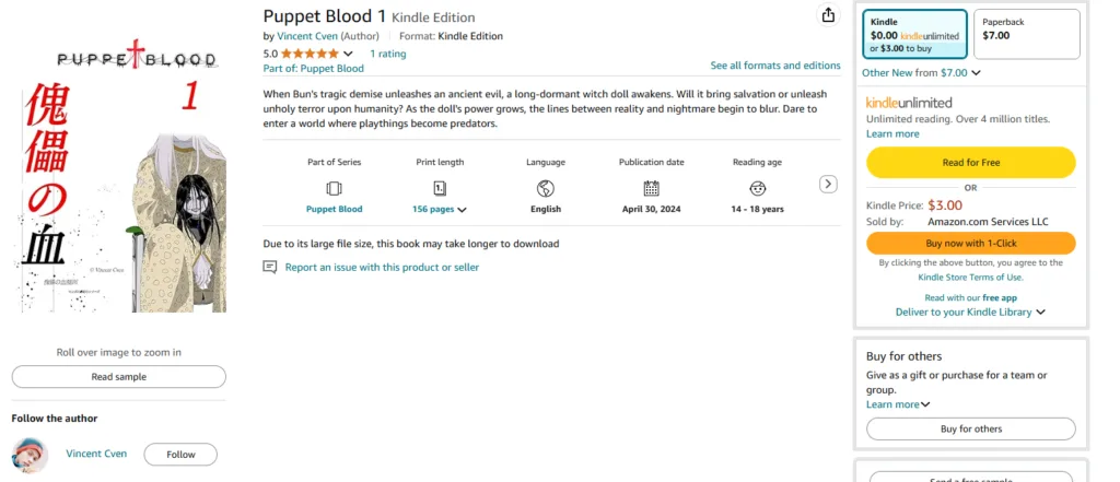 screen shot of puppet blood manga amazon web page