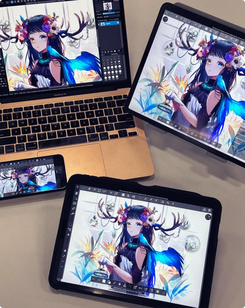 a picture of the medibang drawing software on on a laptop device, two small tablets and a phone.