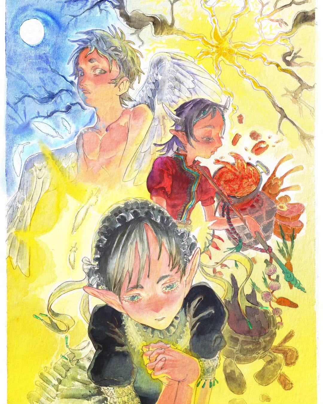 An Image from amateur mangaka Totou Instagram with the caption
An explorative painting for my Manga, wanted to explore the dynamics between my main characters
