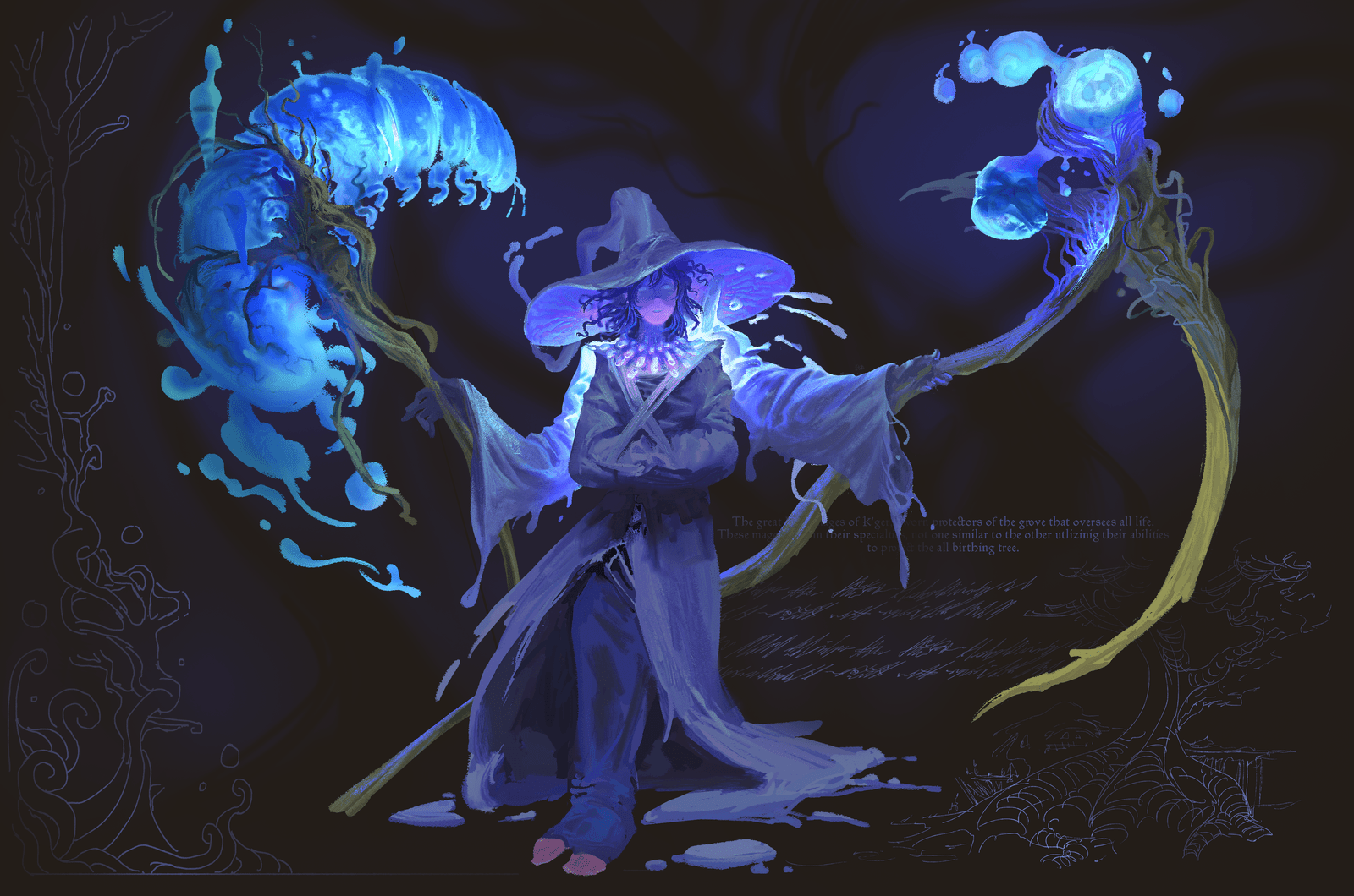 Professional art work from ToTou (Brad Mesina), a witch in blue casting spell out of her arm like tree limbs.