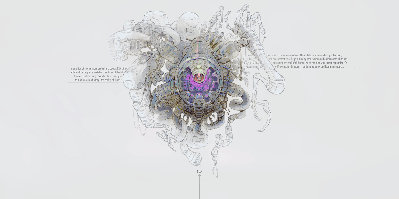 Professional art work from ToTou (Brad Mesina), a mech with grey arms and wires hanging of it.