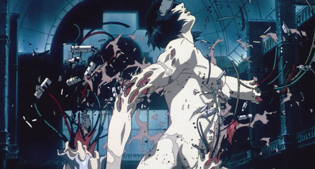 image fromthe ghost in the shell anime, main chracter ripping apart.