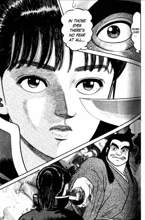 Intense manga panel from an Azumi manga review by Yū Koyama, depicting a confrontation where Azumi faces a blade with total composure.