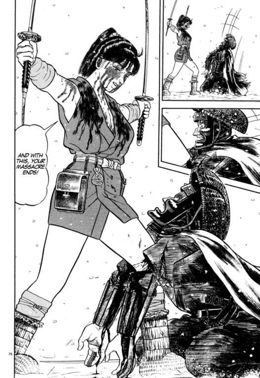 Intense action panel from an Azumi manga review by Yū Koyama, featuring a bloodied Azumi defeating an armored warrior in a snowy setting.