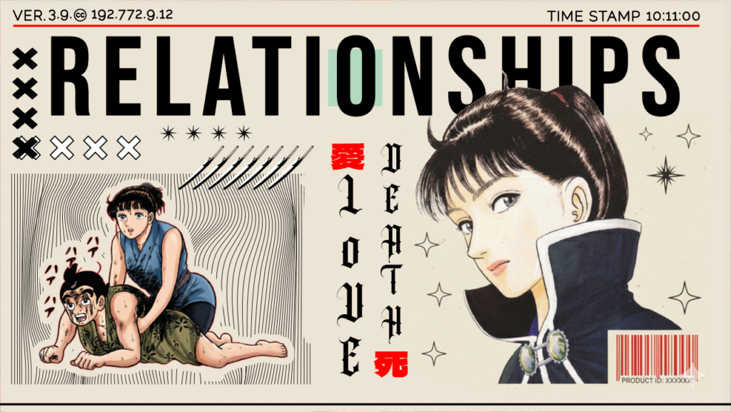 A graphic titled "RELATIONSHIPS" for an Azumi manga review, featuring the protagonist Azumi. The left side shows a manga panel of Azumi and a companion in a moment of physical struggle or exhaustion. The center features vertical text reading "LOVE" and "DEATH" in a gothic font. The right side showcases a large, detailed color illustration of Azumi looking pensively to the side. The design includes modern UI elements like a barcode, timestamps, and geometric cross patterns.