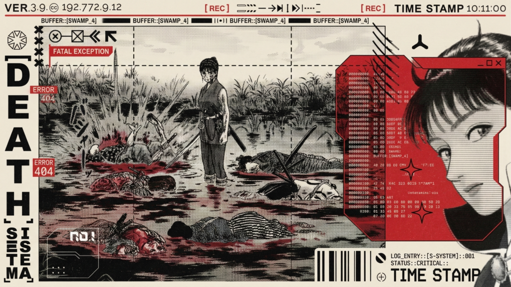 A stylized "Death" themed infographic for an Azumi manga review with a digital overlay. The central image shows a wide, grainy manga panel of Azumi standing in a swamp filled with fallen enemies and blood-red water. The graphic is framed with a "REC" (record) UI, featuring error codes like "Fatal Exception" and "Error 404," alongside technical log entries and a timestamp. On the right, a large, clean character portrait of Azumi is framed in a red digital window.