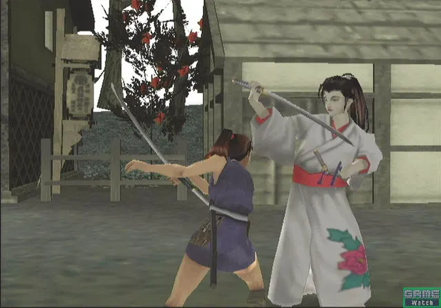 A 3D rendered screenshot from the Azumi video game for PlayStation 2, used in an Azumi manga review. The image shows the character model of Azumi standing in a classic samurai-era environment. She is equipped with her katana and wearing her iconic blue outfit. The graphics reflect the early 2000s era of gaming, bringing Yū Koyama's character design into a 3D interactive space.