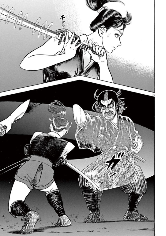 A black and white manga page for an Azumi manga review showcasing a high-stakes sword duel. The top panel is a close-up of Azumi drawing her katana with precision, her expression focused and calm. The bottom panel shows a dynamic wide shot where Azumi has successfully parried or struck an older, larger samurai opponent. The art uses sharp lines and heavy shading to emphasize the movement and the clashing of blades.