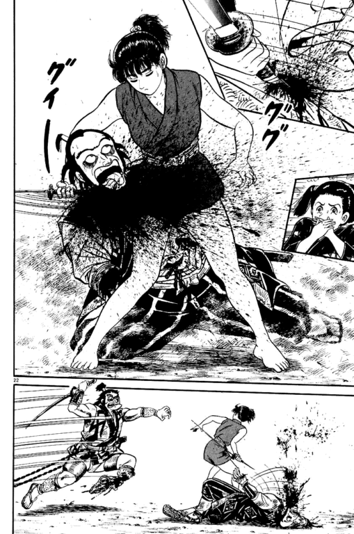 A black and white manga page for an Azumi manga review illustrating a high-intensity combat scene. The top panel shows Azumi delivering a lethal strike to an opponent with her sword, depicted with a visceral blood spray. The background features a shocked observer covering her mouth in horror. The bottom panel shows the aftermath in a wide shot: Azumi stands over a fallen enemy while another samurai lunges toward her with a sword drawn.