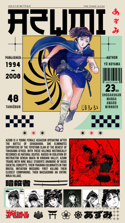 A stylized graphic review for the azumi manga review "Azumi" by Yū Koyama. The top features a large, custom "AZUMI" title in a modern font above a central illustration of Azumi mid-stride with a katana. The layout includes technical data: published from 1994–2008, 48 tankōbon volumes, and winner of the 23rd Shogakukan Manga Award. The bottom half contains a plot summary describing her as a post-Sekigahara assassin, a red-tinted action panel, a row of six character portraits showing various expressions, and traditional Japanese icons.