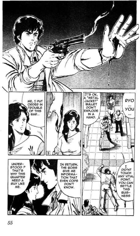 City Hunter and it's many amazing adaptions 24 Black and white interior manga panels showing Ryo Saeba holding a smoking gun, showcasing the original artwork and action sequences that inspired various City Hunter adaptions.