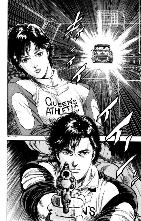 City Hunter and it's many amazing adaptions 26 Action-oriented manga art showing Ryo Saeba aiming a revolver forward, with a female character in a "Queen's Athletic" shirt and a car in the background, showcasing the intense action sequences that serve as the blueprint for City Hunter adaptions