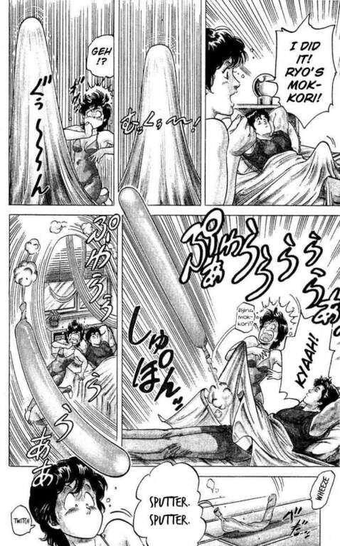 City Hunter and it's many amazing adaptions 25 A comedic black and white manga page showing an exaggerated, humorous bedroom scene with Ryo Saeba, illustrating the specific style of gag comedy from the original comics that is often modified in various City Hunter adaptions.
