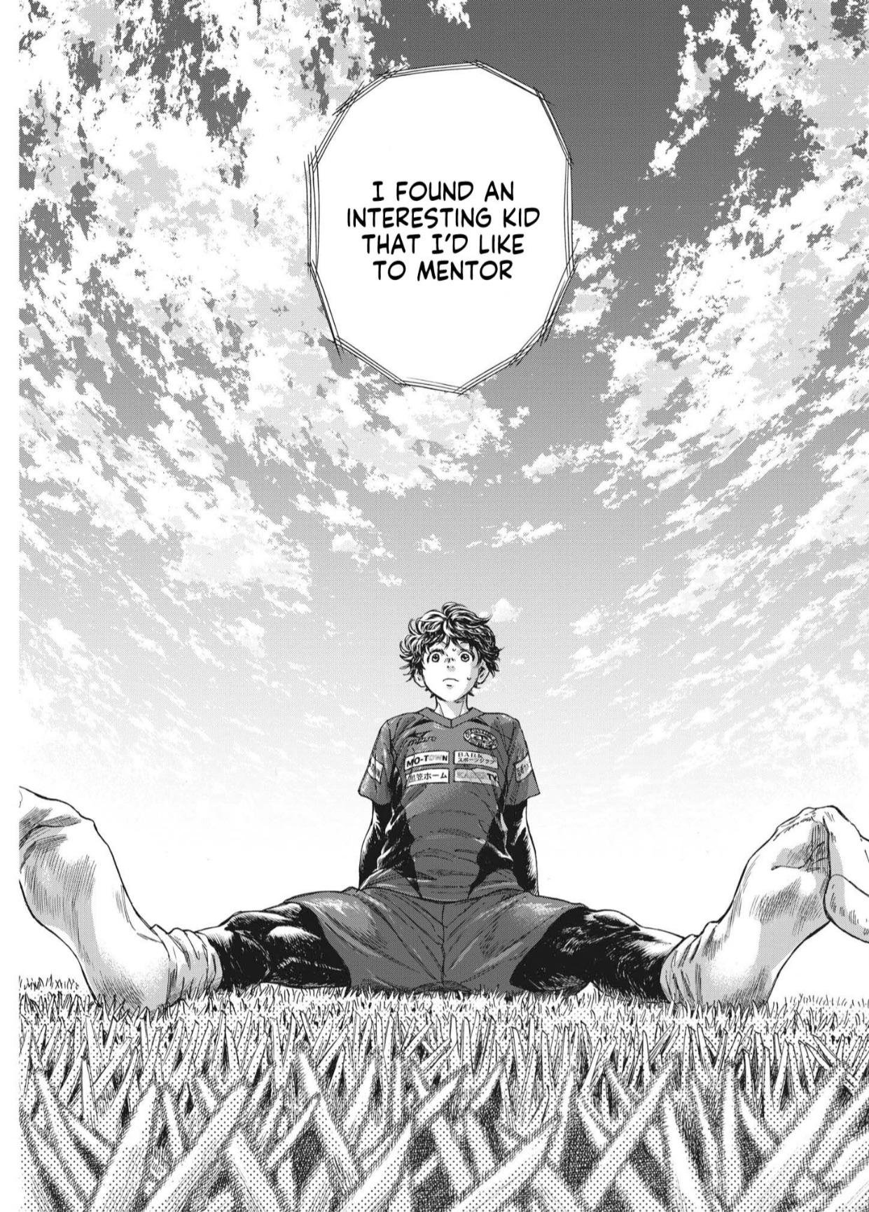Read World Cup Football Manga To Keep The Excitement Going 8 "Ao Ashi manga panel: a boy in a football kit sits on the grass, legs stretched wide, gazing up at a cloudy sky. A speech bubble above reads that someone found an interesting kid they'd like to mentor."