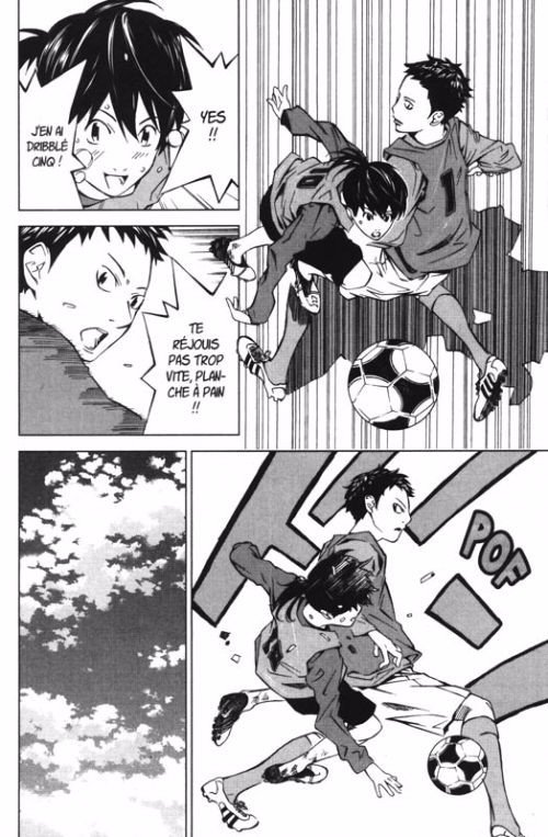 Read World Cup Football Manga To Keep The Excitement Going 14 "Sayonara, Football manga page, multiple panels: a girl celebrates dribbling past a defender, taunting him not to celebrate too soon, while a boy shouts in French. Two players collide mid-air chasing the ball above a cloudy sky panel, then tumble to the ground together with a "pop" sound effect as the ball bounces free."