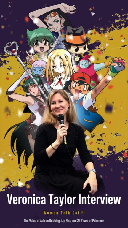 Veronica Taylor Interview: The Voice of Ash on Dubbing, Lip Flap and 25 Years of Pokémon 6 Promotional graphic for a Women Talk Sci Fi interview with Veronica Taylor, featured on readmanga.cool. Voice actress Veronica Taylor is seated in the foreground holding a microphone and smiling. Behind her is a purple and gold splattered background featuring a collage of various anime characters she has voiced, prominently featuring Ash Ketchum from Pokémon, Sailor Pluto from Sailor Moon, and Nico Robin from One Piece. The text at the bottom reads: "Veronica Taylor Interview", "Women Talk Sci fi", and "The Voice of Ash on Dubbing, Lip Flap and 25 Years of Pokemon".