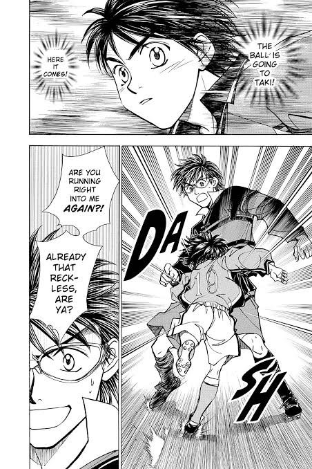 Read World Cup Football Manga To Keep The Excitement Going 11 "Whistle! manga panel, two-panel page: top panel shows a boy reacting as narration says the ball is going to Taki. Bottom panel shows two players colliding at speed with motion lines, while another character with glasses teases him for running into her again and being reckless."
