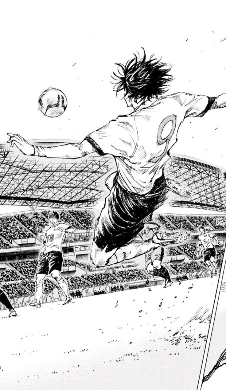 Read World Cup Football Manga To Keep The Excitement Going 9 "Be Blues manga panel: a number 9 player leaps mid-air chasing down the ball on a packed football pitch, with teammates and a full stadium crowd in the background." alt text for world cup manga football blog