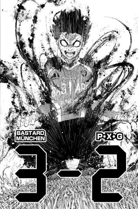 Read World Cup Football Manga To Keep The Excitement Going 12 "Blue Lock manga panel: a player with a wild, fanged grin explodes upward through dark ink splatter effects, wearing a Bastard München jersey. Below, bold score text reads Bastard München 3, PXG 2."