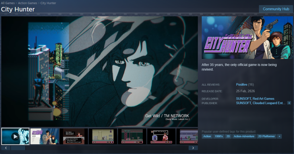 City Hunter and it's many amazing adaptions 33 A screenshot of a Steam store page for the revived retro City Hunter video game, highlighting the interactive media side of City Hunter adaptions.