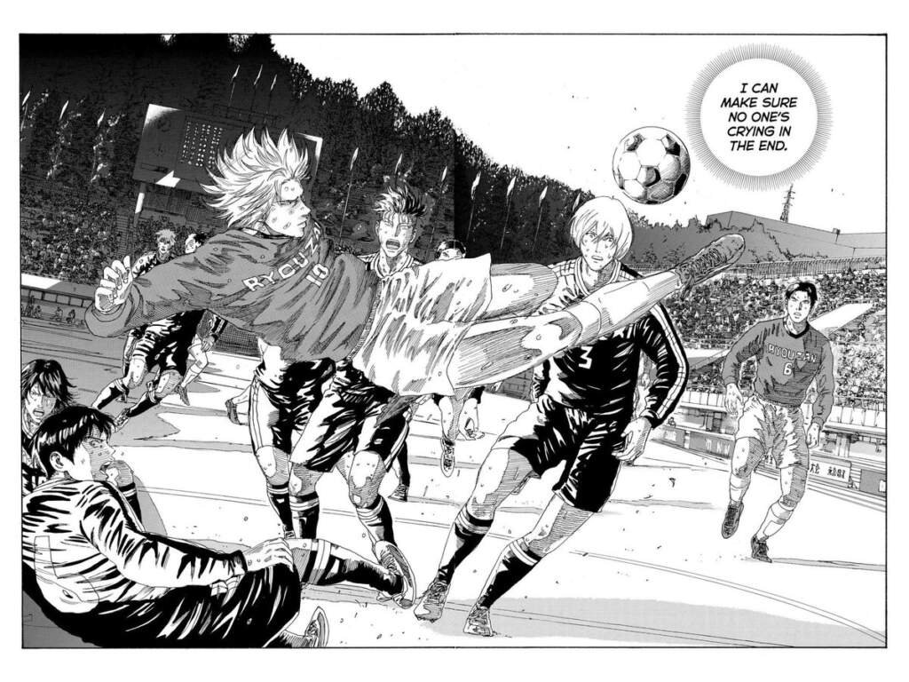Read World Cup Football Manga To Keep The Excitement Going 17 "Days manga panel: a chaotic goalmouth scramble as Ryouzan players and opponents crowd around a header, with the ball flying high off a jump. A speech bubble reads that he can make sure no one's crying in the end, while a fallen player watches from the ground and a full stadium crowd fills the background."