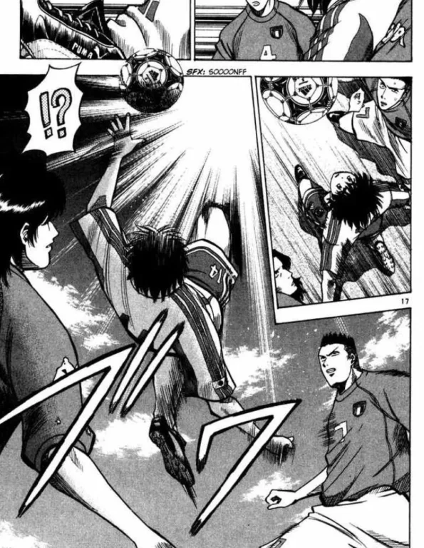 Read World Cup Football Manga To Keep The Excitement Going 15 "Fantasista manga page, multiple panels: a player leaps to control the ball overhead with a sound effect reading soooonff, watched by a shocked teammate. A smaller panel shows another aerial challenge for the ball, followed by a close-up of a player in an Italy kit reacting with intensity."