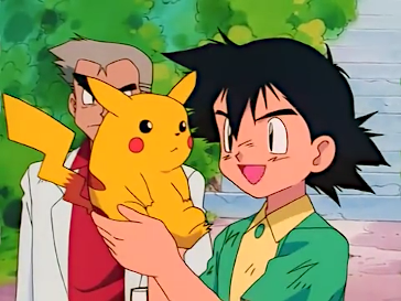 Veronica Taylor Interview: The Voice of Ash on Dubbing, Lip Flap and 25 Years of Pokémon 9 Ash Ketchum, a young boy with black hair wearing a green and yellow short-sleeved shirt, happily holds a yellow Pikachu in his hands. Pikachu, featuring red cheeks and a lightning bolt-shaped tail, looks slightly indifferent. Standing behind them is Professor Oak, an older man with grey hair wearing a white lab coat over a red collared shirt, set against a background of green bushes.