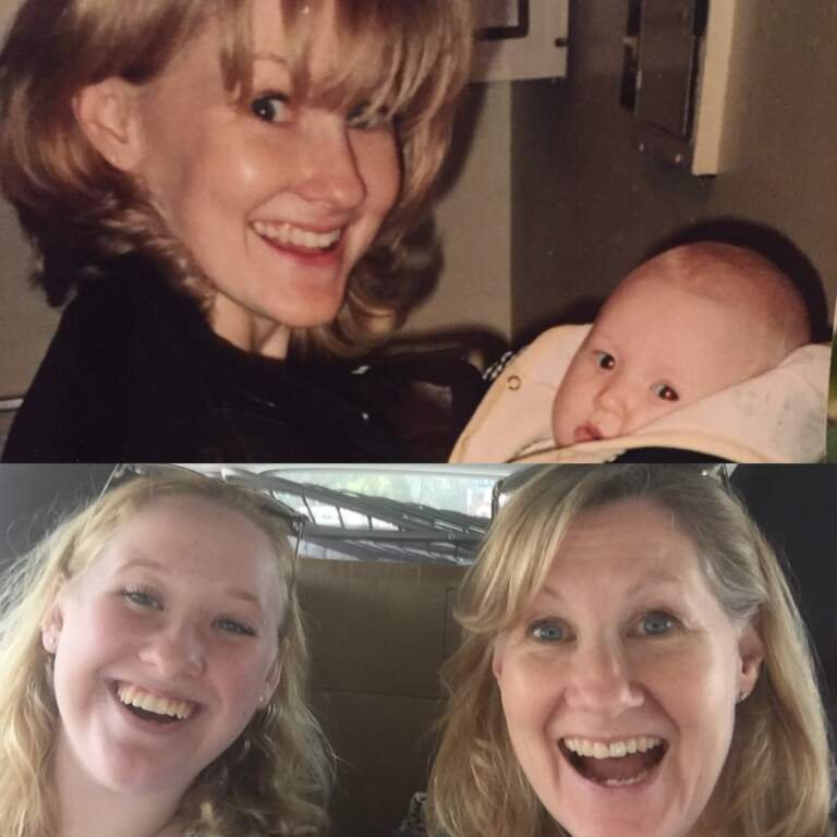 Veronica Taylor Interview: The Voice of Ash on Dubbing, Lip Flap and 25 Years of Pokémon 12 A split image showing two photos of voice actress Veronica Taylor and her daughter Rena Taylor. The top half is an older, vintage-style photo of a younger Veronica with shoulder-length blonde hair, smiling widely while holding Rena as a newborn baby wrapped in a cream-colored blanket. The bottom half is a more recent, brightly lit selfie of the two of them. Both have blonde hair and are smiling happily at the camera from inside a vehicle.
