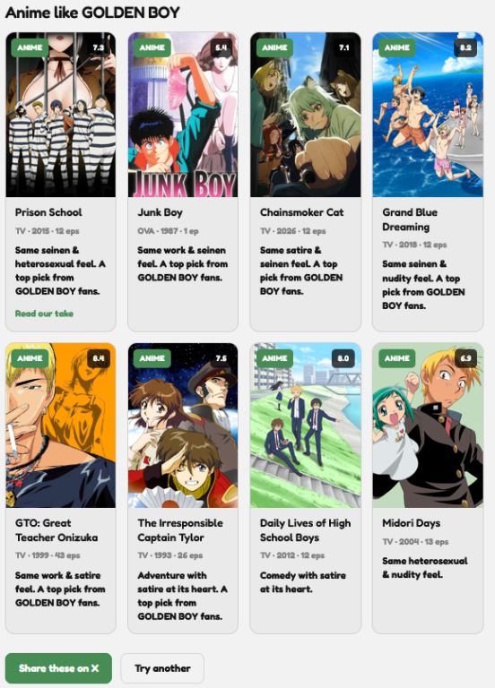 A website section titled "Anime like GOLDEN BOY" displaying a grid of eight recommendation cards for similar comedy and seinen series, including Prison School, GTO: Great Teacher Onizuka, and Grand Blue Dreaming.